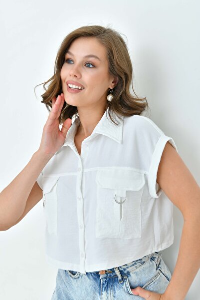 ubmbutik Γυναικείο Crop πουκάμισο με ύφασμα Aerobin - Σχέδιο με διπλή τσέπη και διπλό μανίκι