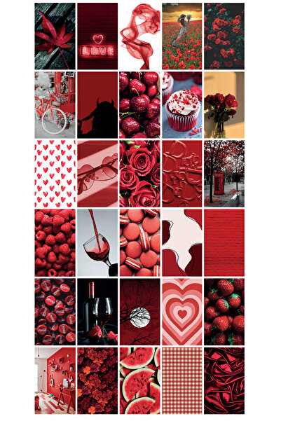 smartman Kırmızı Duvar Posteri Kolaj Seti 30'lu Duvar Posteri Seti Oda Dekoru Poster Seti