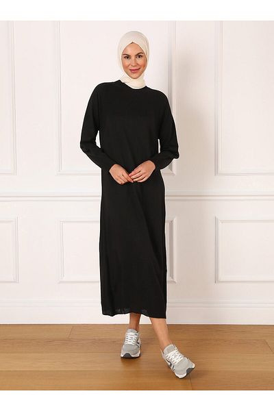 Refka Gürtel Detaillierte Reglan Ärmel Strick Hijab Kleid - Schwarz - Refka