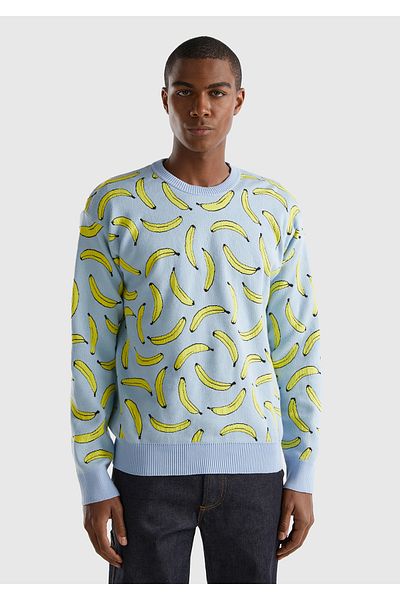 United Colors of Benetton Light Blue Fruit Patterned Crew Neck Knitwear Men's Sweatshirt