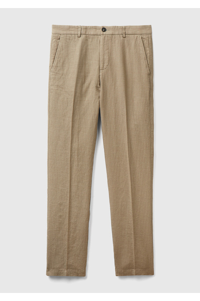 United Colors of Benetton Erkek Bej Keten Karışımlı Cebi Biyeli Kemer Delikli Pantolon