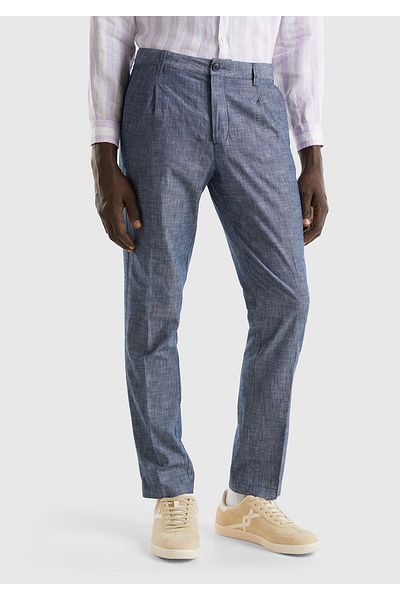 United Colors of Benetton Men's Indigo 100% Cotton Front Pleated 4 Pocket Belt Hole Pants