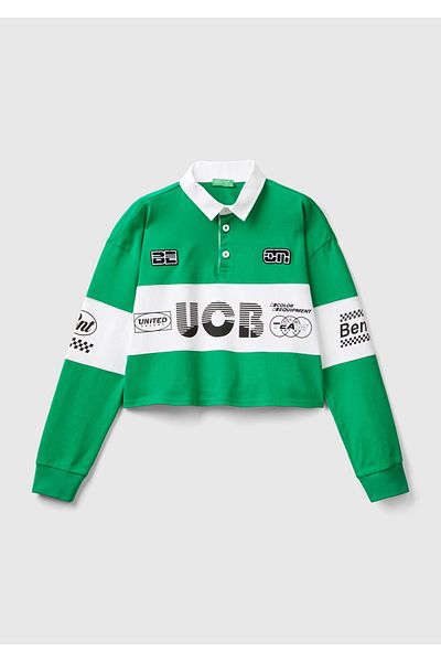 United Colors of Benetton Green Polo Neck Crop Sweatshirt - 100% Cotton, Logo Printed, Color Block