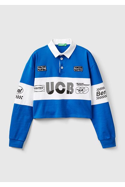United Colors of Benetton Saks Blue Color Blocked Polo Collar Crop Sweatshirt - 100% Cotton, Logo Printed