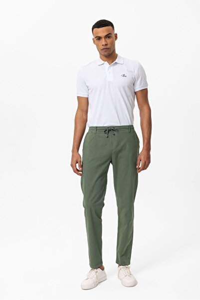diess giyim Dark Khaki Linen Blended Lace-Up Men's Trousers