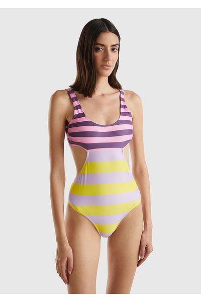 United Colors of Benetton Yellow Two-color Striped Women's Swimsuit - Waist and Back Detail