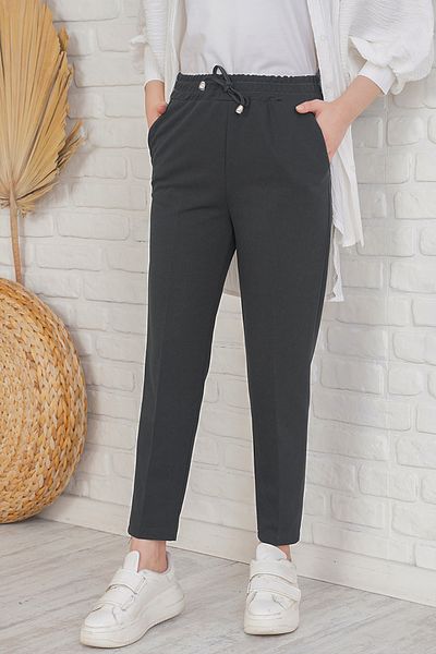 benguen 6624 Anthracite Ankle Παντελόνι - Λεπτομέρεια από σχοινί και ελαστική μέση