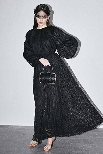 Hooopstore فستان دانتيل مطوي - أسود