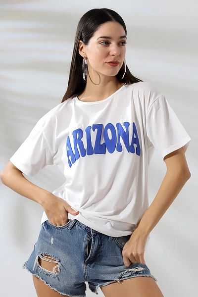 hazelin Λευκό μπλε Arizona εμπριμέ γυναικείο μπλουζάκι - Crew Neck HZL24S-DSB120261