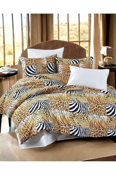 MAJESTE Leopard Zebra Pattern Cream Bed Sheet with 2 Pillowcases Cotton Non-Iron Wrinkle-Free Single Sheet Duvet Cover Set