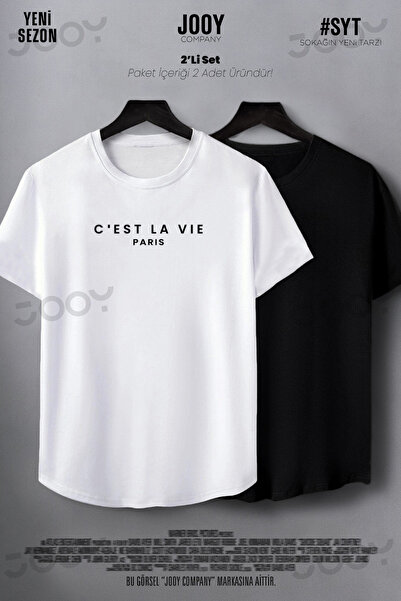 Jooy Company C'est La Vie Paris Baskılı Siyah Beyaz Oval Kesim Tshirt 2'li Set