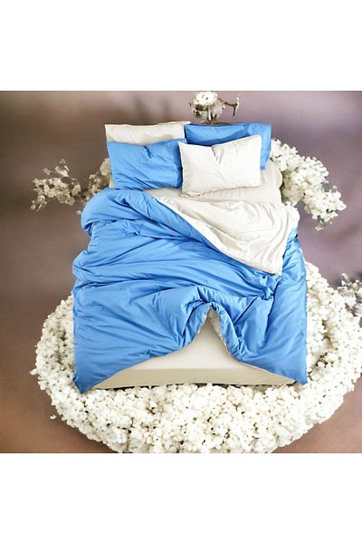 MAJESTE Double Sided Use Combination/Ranforce Single Duvet Cover Set-2 Pillowcases-Blue/Cream