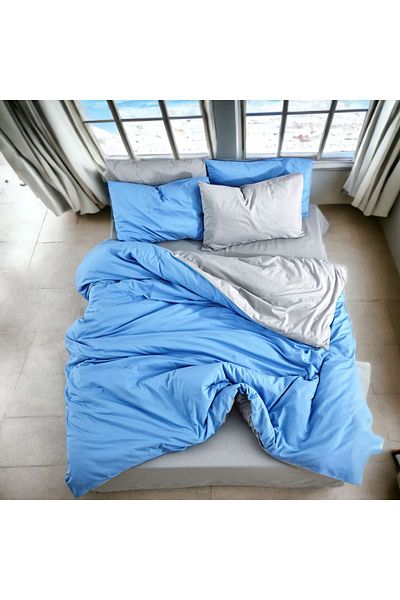 MAJESTE Double-Sided Use Combination/Ranforce Double Duvet Cover Set-4 Pillowcases-Blue/Grey
