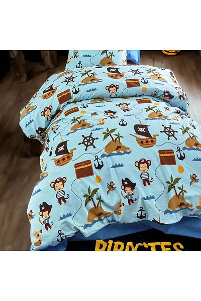 MAJESTE Pirate Patterned Blue Linens with 2 Pillowcases / Cotton Ranforce Single Duvet Cover Set - 11244M