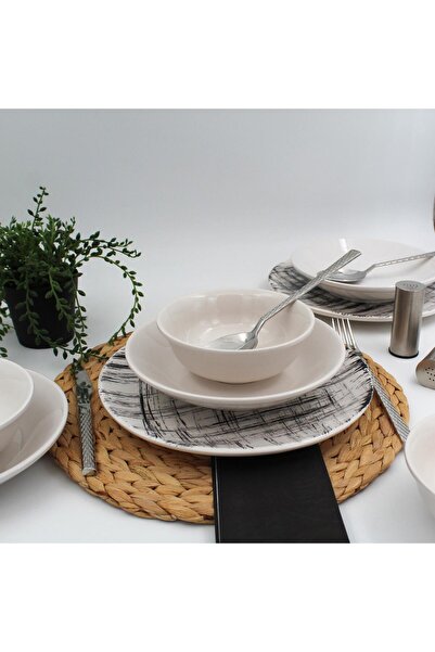 Arna Porselen Ekose 18 Parça 6 Kişilik siyah Yemek Takımı Düz