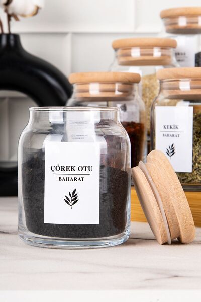 DNS HOME 9-Piece Spice Jar Set - Wooden Lid, Layered Stand, Spice Label, Glass 300 ml Storage Jar