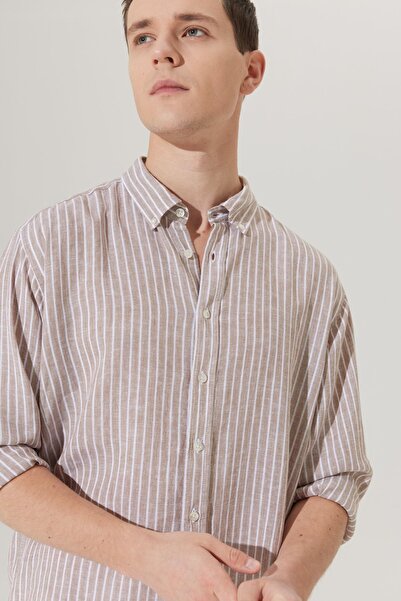 ALTINYILDIZ CLASSICS Ανδρικό λινό πουκάμισο Comfort Fit ριγέ - Χαλαρή εφαρμογή, γιακάς με κουμπιά