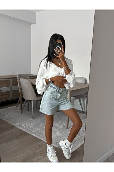 Alien 1979 Buz mavisi yıkamalı lazer detaylı denim şort