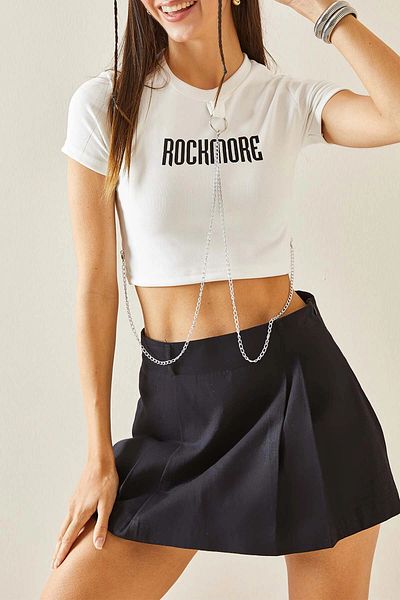 hazelin Crop top pentru femei cu imprimeu ROCKMORE alb - Accesoriu cu lanț HZL24S-DSB120281