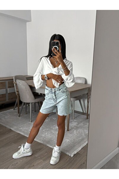 Alien 1979 Buz mavisi yıkamalı lazer detaylı denim şort