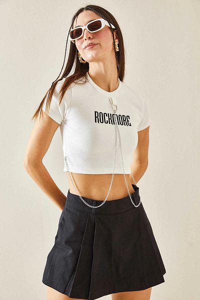 hazelin Crop top pentru femei cu imprimeu ROCKMORE alb - Accesoriu cu lanț HZL24S-DSB120281