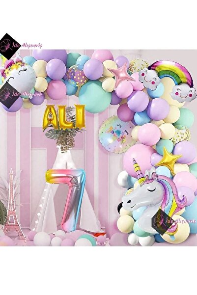 Bkmc 7 Years and 3 Letters Rainbow Concept Unicorn Themed Macarons Balloon Bi...