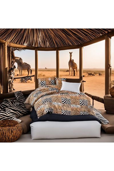 MAJESTE Leopard Zebra Pattern Cream Bed Sheets with 4 Pillowcases Cotton Non-Iron Wrinkle-Resistant Double K. Duvet Cover Set