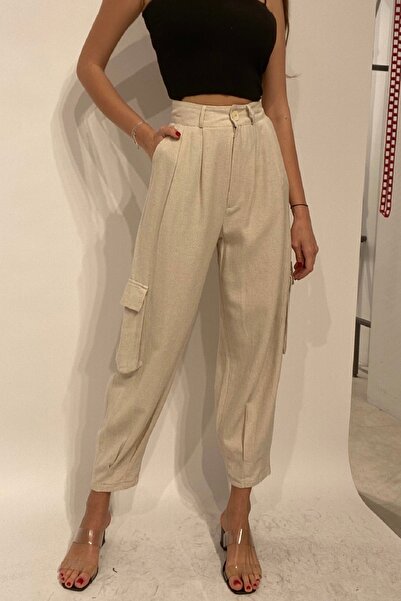 Butikayandon بنطال نسائي صيفي باللون البيج مع جيوب كارجو 3057