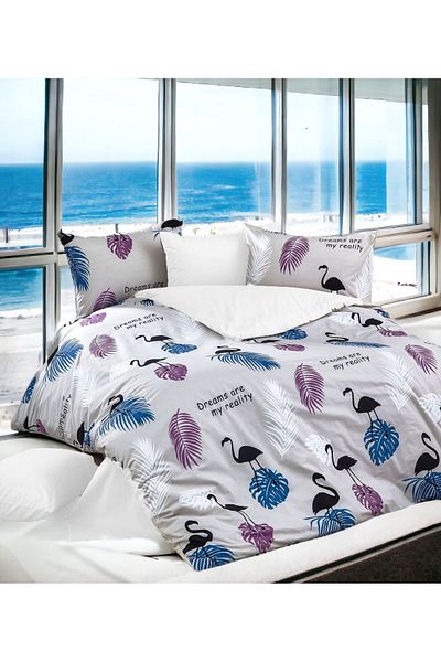 MAJESTE Flamingo Pelican Patterned White Sheet with 4 Pillowcases / Ranforce Double Duvet Cover Set