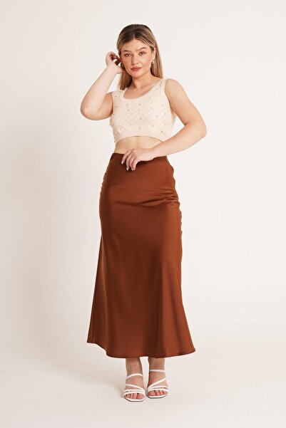 Hipo Trend Satenska kroj duga smeđa suknja - Bell kroj