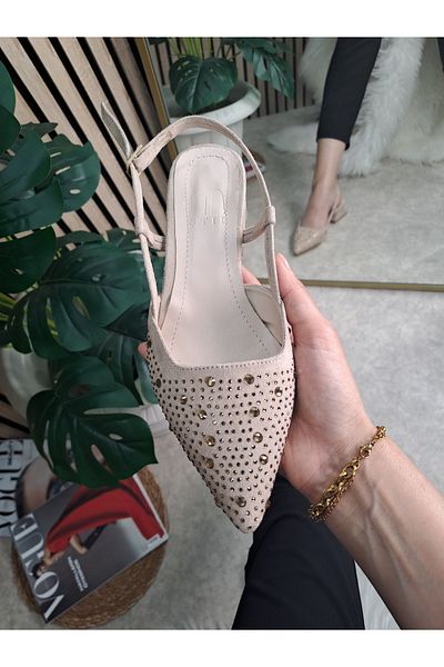 Nstil Rochie de seară de zi cu zi pentru femei, cu toc scurt, gros, piatră aurie, cataramă reglabilă, vârf ascuțit, pantofi bej 458