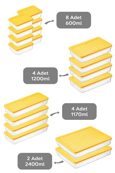 Meleni Home 18 Pieces Microwave Compatible Storage Container - 2x2400Ml 4x1200Ml 4x1170Ml 8x600Ml Yellow