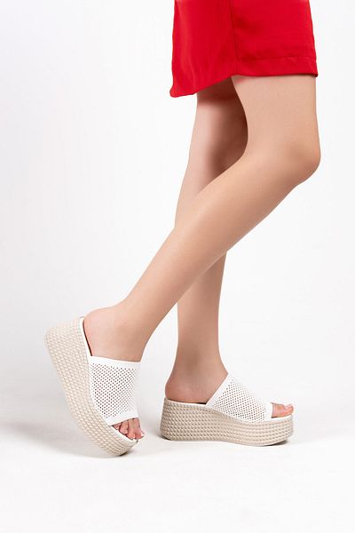 Lolita Love Shoes Jodie White Wedge Sole Slippers - Thick Band and Hole Detail