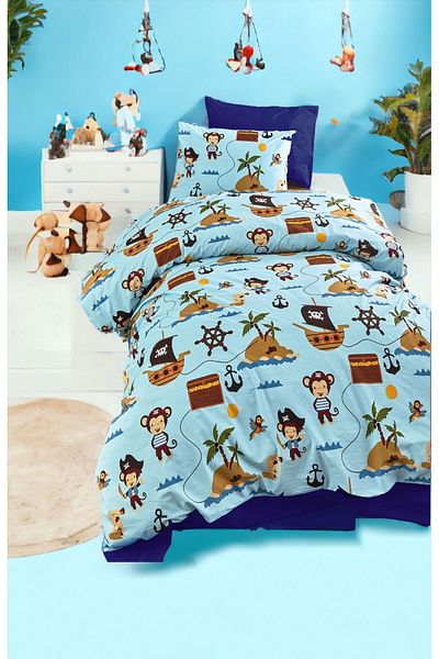 MAJESTE Pirate Patterned Navy Blue Sheet with 2 Pillowcases /ranforce Single Duvet Cover Set-11244l