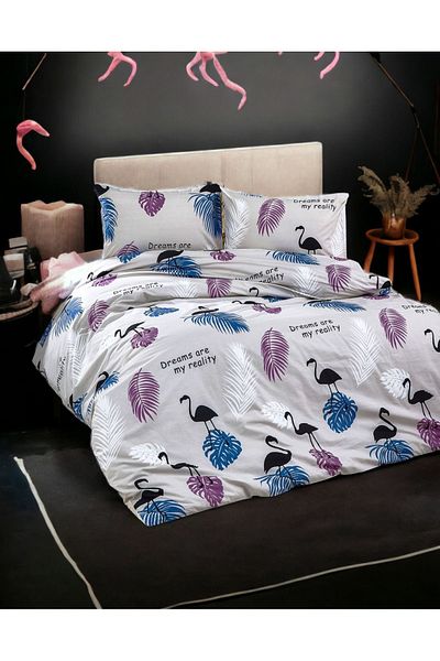 MAJESTE Flamingo Pelican Patterned / Cotton Ranforce Does Not Want Iron Non-Wrinkle Double Duvet Cover Set
