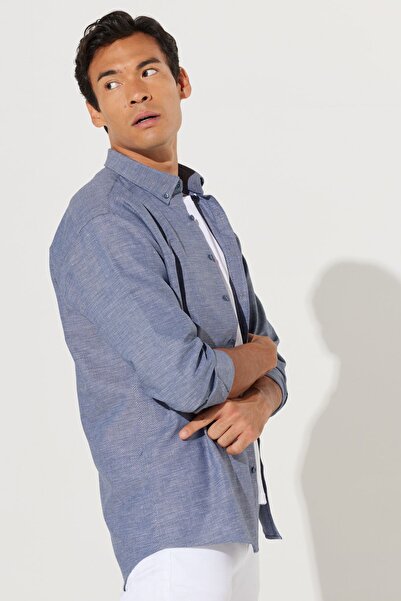 AC&Co / Altınyıldız Classics Navy Blue Linen Comfort - Relaxed Cut Buttoned Collar Dobby Men's Shirt