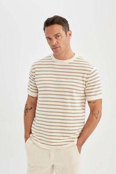 DeFacto Relax Fit Strick-T-Shirt mit Rundhalsausschnitt, gestreift, kurzärmelig, C7359ax24sm