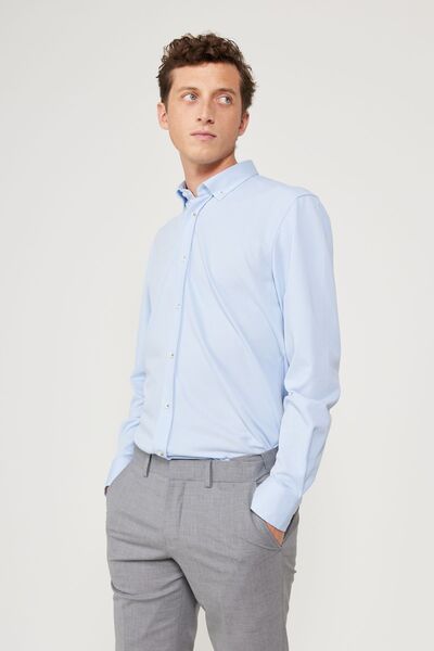 AC&Co / Altınyıldız Classics Világoskék vászon férfi ing - kényelmes szabású, gombos gallérral, Dobby