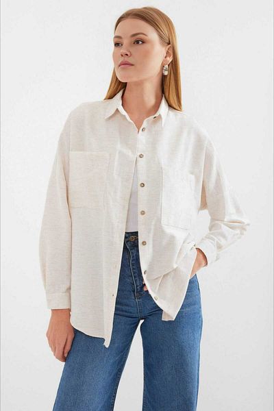 hazelin Women's Ecru Oversize Double Pocket Linen Shirt Hzl22s-bd1201261