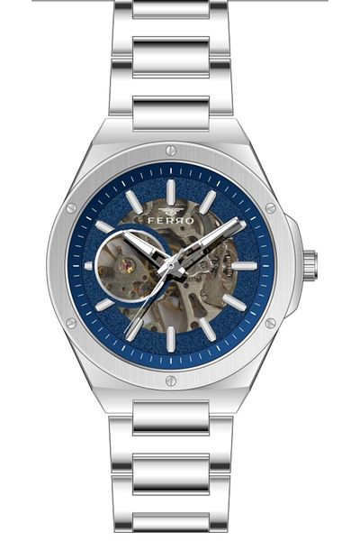 FERRO Men's Wristwatch - Automatic Steel, Grey Blue Dial, 44mm