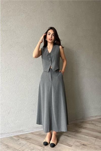 My Blog Anthracite Colored Striped Bell Skirt and Vest Set