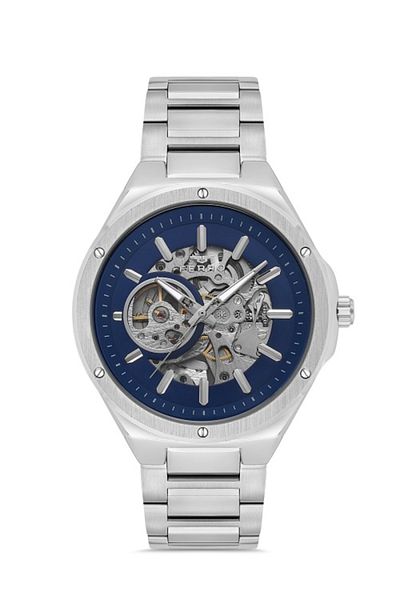 FERRO Men's Wristwatch - Automatic Steel, Grey Blue Dial, 44mm