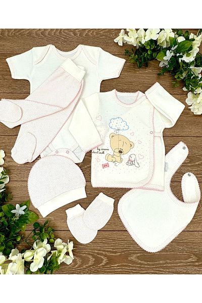 Renkli Puset 6-Piece Organic Cotton Baby Hospital Discharge Set - Bear, Rabbit and Speckle Detailed