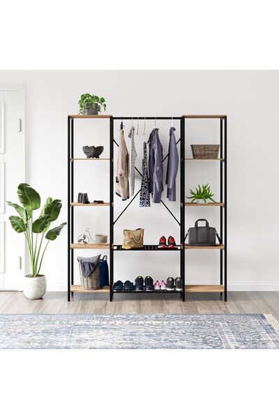 eportatif Çok Amaçlı Metal Ayaklı Çift Raflı Dolap Ayakkabılık Portatif Portmanto Gardırop Çam 1373