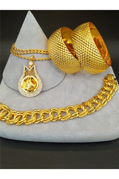 barisiva gold 22 Ayar Altın Kaplama Kadın 2 Ad Bilezik 4 cm 1 Ad Kolye Set