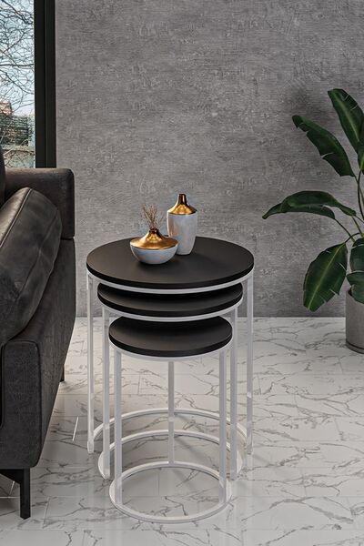 usta mekan 3'lü Beyaz Ayak Siyah Tabla Zigon Servis Salon Sehpa