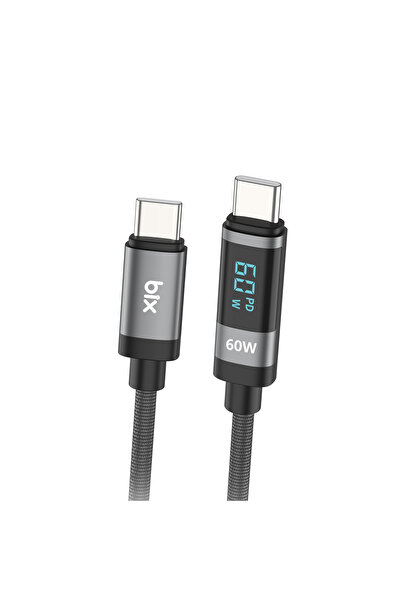 Bix BX06CC Type-C to Type-C 60W Örgülü LED Dijital Ekranlı Şarj ve Data Kablo...
