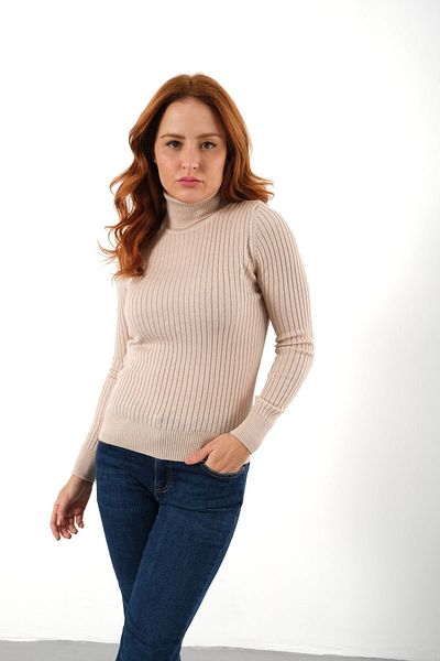 Trist Star Pulover din tricotaje cu guler bej cu nervuri - Trist-6157
