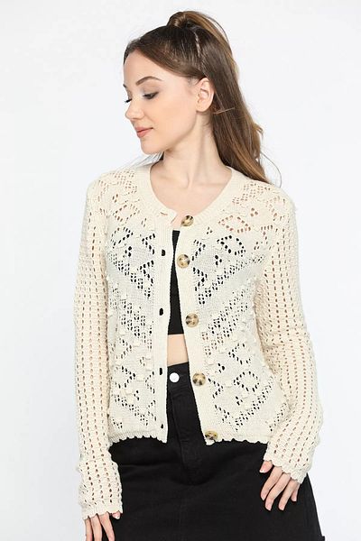 GÜLSELİ Cardigan de tricotaj de damă bej - model în relief ajurat, nasturi în față