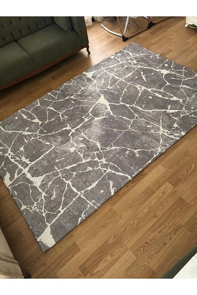 MEKA TEKSTİL Gray Marble Model Silk Velvet Elastic Carpet Cover
